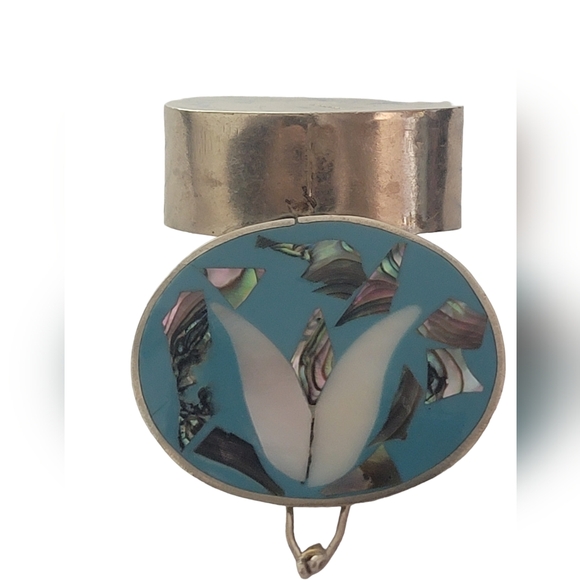 Alpaca Mexico Abalone Floral Inlay Pill Box Hinged Snuff Trinket Vintage Silver - Picture 4 of 17